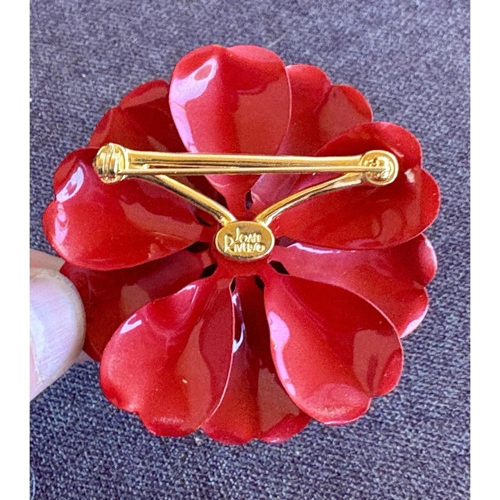 JOAN RIVERS Red Enamel Flower Brooch Pin with White Polka Dots - Picture 2 of 2